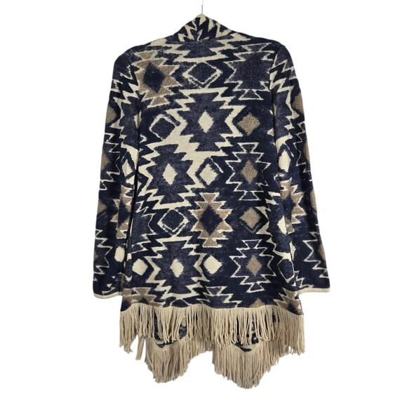 Lucky Brand Sweater Womens Small Navy Aztec Open Fringe Cardigan Boho Cozy Soft - Picture 6 of 11